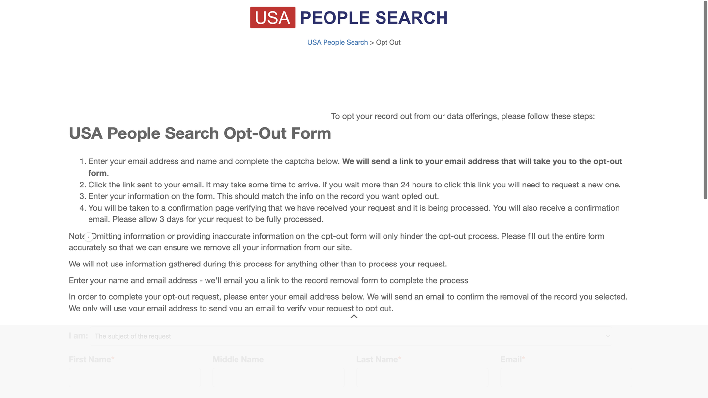 The USA People Search Opt-Out Form page, listing four numbered instructions that start with entering your email address and completing the captcha.