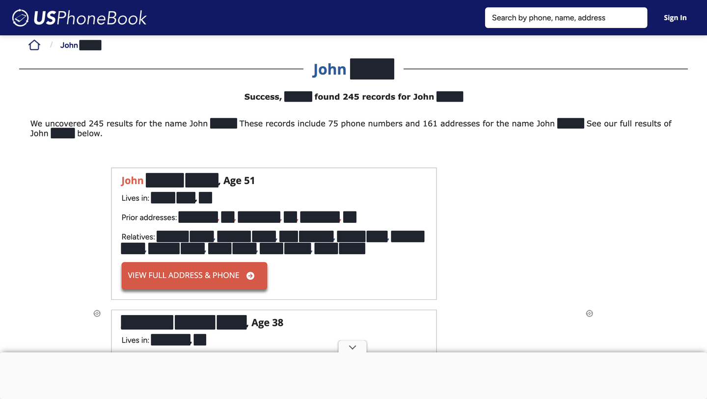 USPhonebook results for "John Smith", 245 records, each card showing a first name and age, with surnames, cities, phone numbers and relatives redacted.