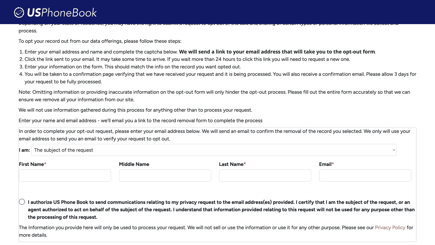 The USPhonebook opt-out form, with an "I am" dropdown, name and email fields, and the authorization checkbox, captured empty.