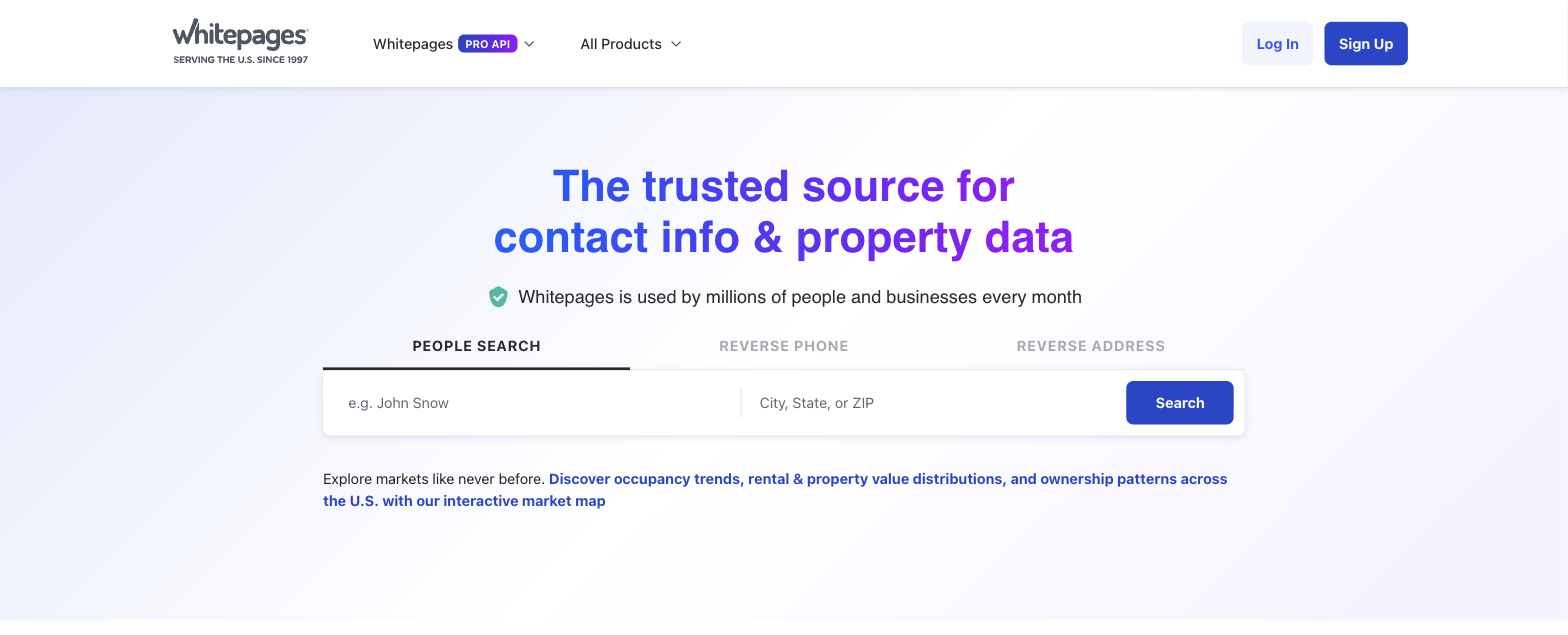 The Whitepages home page with the People Search tab selected and the name and location fields empty.