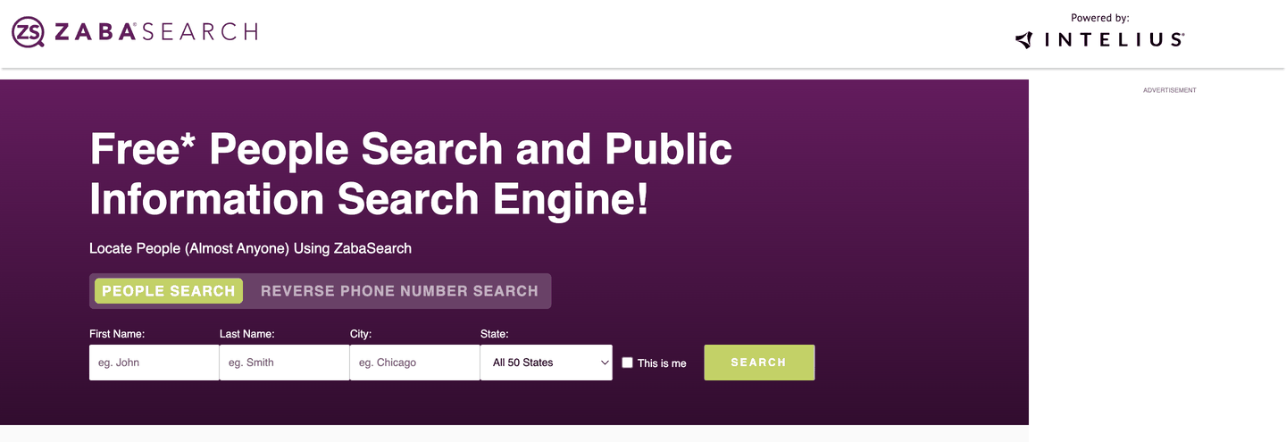Zabasearch's people-search panel, marked "Powered by Intelius", with empty First Name, Last Name, City and State fields beside a Search button.
